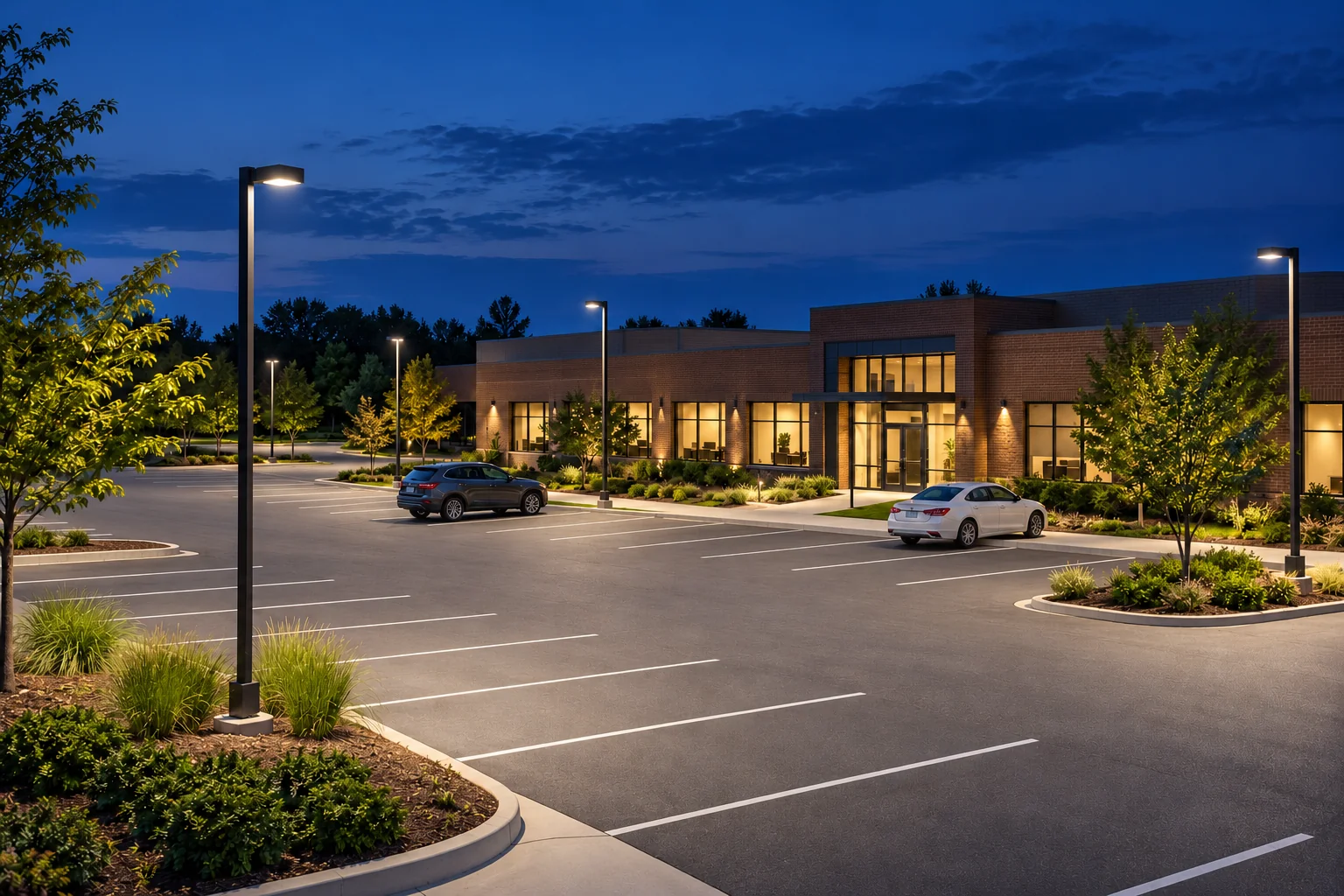 AI concept of a commercial parking lot illuminated at dusk