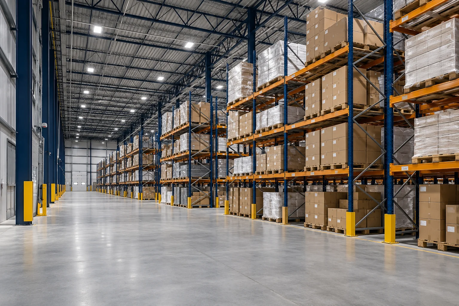 AI concept of LED high-bay lighting in a distribution warehouse